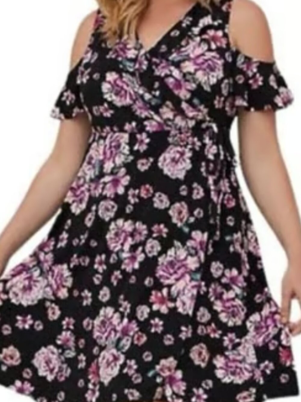 Torrid Black Purple Floral Faux-Wrap Cold-Shoulder Midi Dress Plus 4 / 26